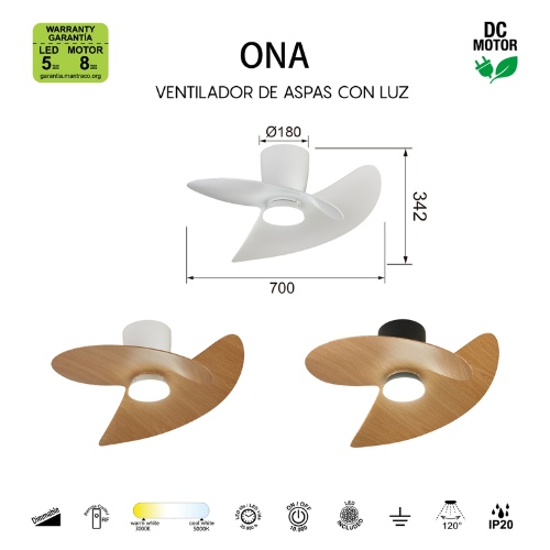 PLAFON VENTILADOR MANTRA 9470 ONA BLANCO MADERA
