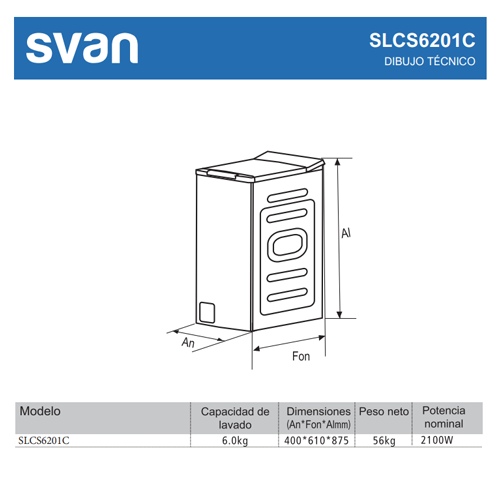LAVADORA SVAN SLCS6201C C.SUP 6KG 1200RPM BLANCA