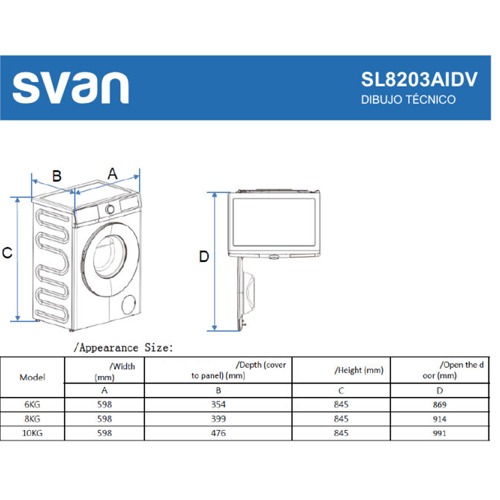 LAVADORA SVAN SL8203AIDV C.FR INVERT 8KG 1200RPM A